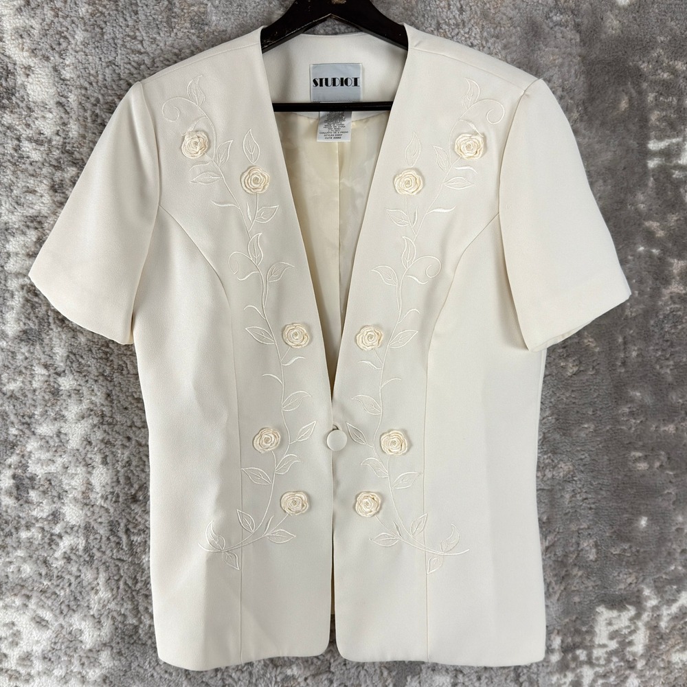 Studio I Sz 10 Floral Embroidered Rosette Blazer Jacket Cream Short Sleeve Women